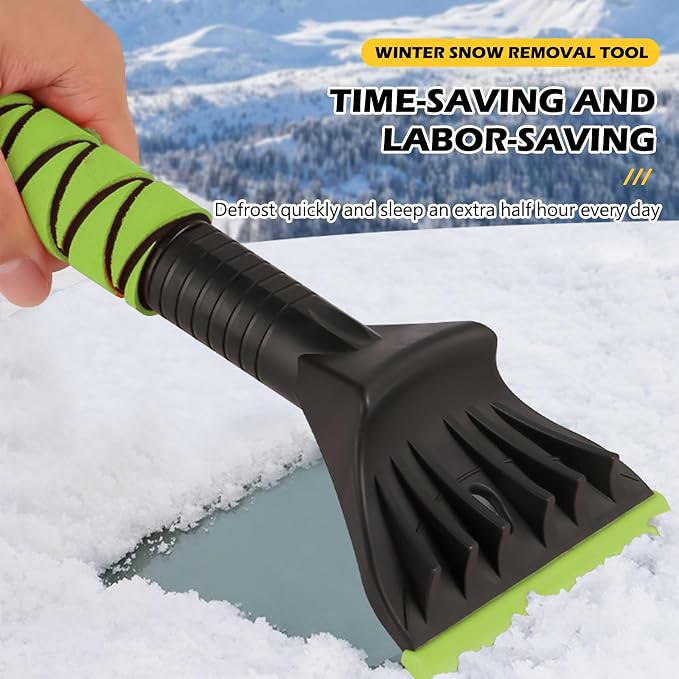 Professional Ice Scraper and Snow Brush for Cars, 2-in-1 Winter Snow Removal Tool with Ergonomic Foam Grip, ABS Ice Chopper for Windshield, Window, and Vehicle Snow Cleanup (Green 2PC)