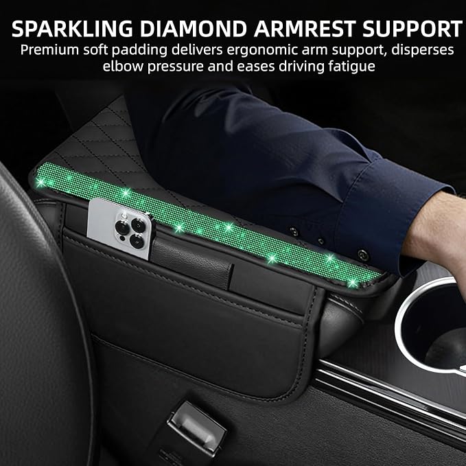 Bling Car Center Console Cover, Leather Car Arm Rest Cover Cushion with 2 Storage Bags, Universal Auto Armrest Protector Storage Box, Bling Accessories Interior for Most Vehicles (Green)