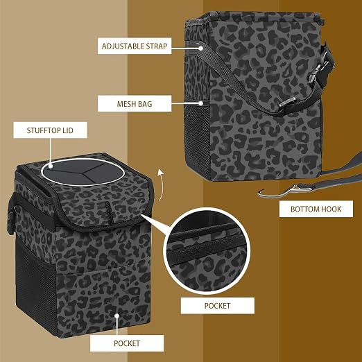 Black Leopard Car Trash Can, Waterproof Portable Mini Garbage Bin, Lightweight No-Install Waste Basket for Car Office Home, Cute Multifunctional Car Interior Accessory
