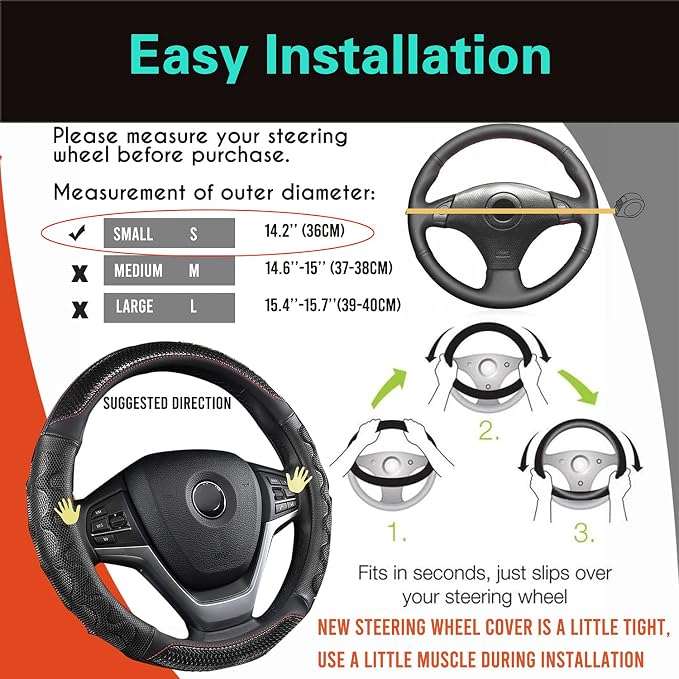 Small Size Steering Wheel Cover Great Grip with 3D Honeycomb Anti-Slip Design, 14 Inch (Black/Red Stitch)