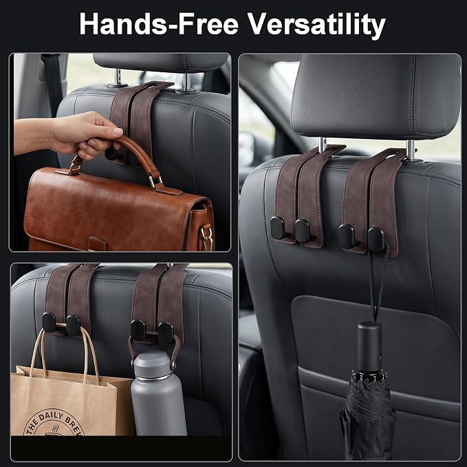 Car Seat Hooks Dual Hangers Storage Organization Gadgets Accessories 2 Pack | Headrest Holder for Purses, Bags, Coat and Handbag, 360° Rotating, Car Interior Gadgets Universal for Truck, ATV, RV - Brown