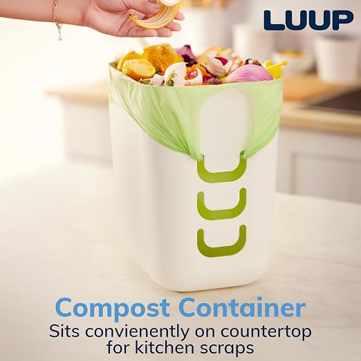 Luup Trash Can (White) - Reuse Grocery Bags - Plastic Garbage Container for Bathroom, Vanity, Laundry Room, Kitchen, Office, Garage - 2.5 Gallon Wastebasket with Hooks to Secure Trash Bags