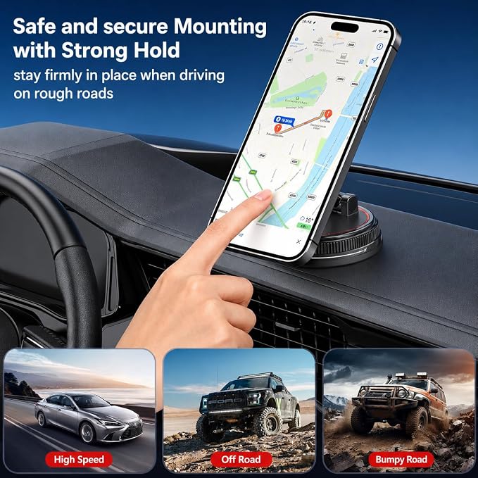 Magnetic Car Phone Holder Mount, Compatible with MagSafe, 108LBS Vacuum Suction Car Mount, 3000gf Magnetic Hold, 360° Adjustable Foldable Dashboard Windshield Phone Mount for iPhone 17-12 & Android