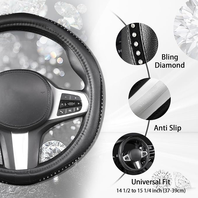 Bling Steering Wheel Cover - Crystal Studded Rhinestone Non-Slip Breathable Design for Women/Girls, Universal Fit 14.5-15 Inch Black