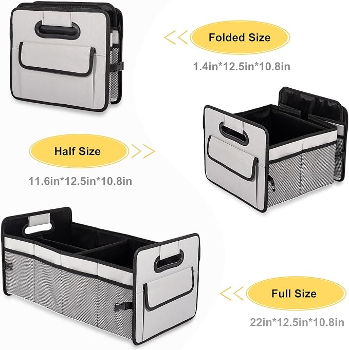 Car Trunk Organizer, Car Organizers and Storage Collapsible Multi Compartment Container Box, Adjustable Car Accessories for SUV Sedan Truck, Standard Size, Grey