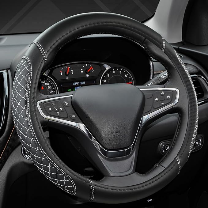 Customized Auto Car Steering Wheel Cover for Toyota Rav4 Corolla Camry Highlander (Diamond Quilted-Black+Gray-Standard Size)