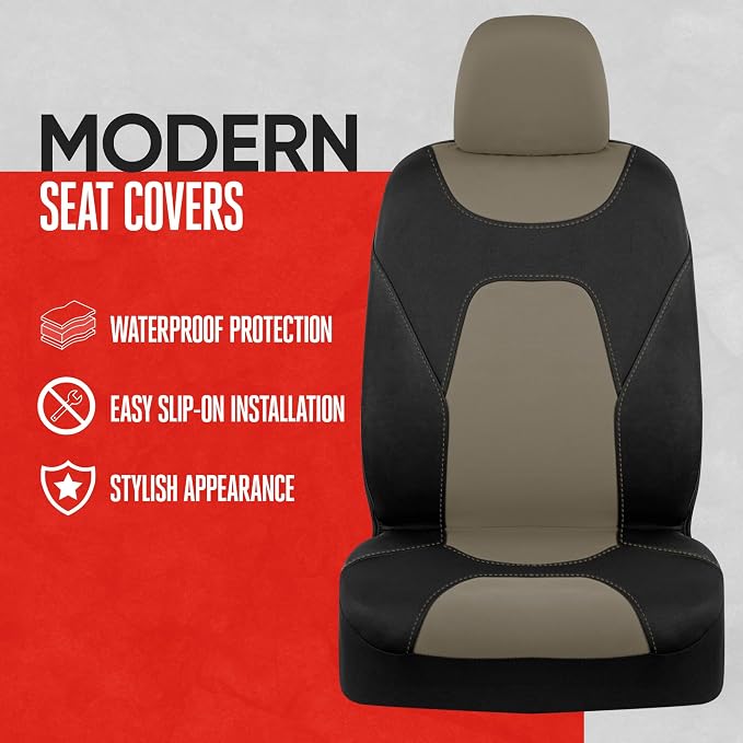 AquaShield Waterproof Front Seat Covers, Beige Seat Covers for Cars – Neoprene Front Car Seats Cover, SUV Seat Covers Protector - Car Interior Cover for Auto, Trucks, & Dog Owners