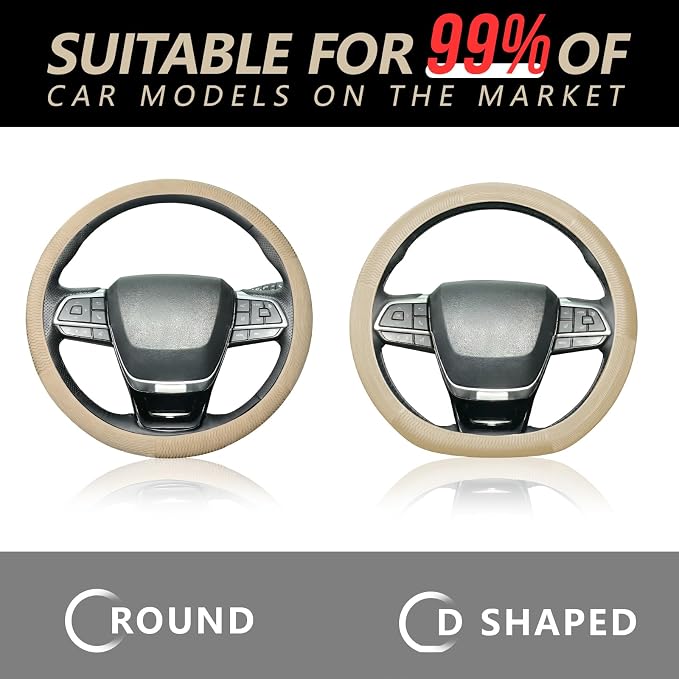 Car Steering Wheel Cover for Women, Soft Silicone Wavy Stripe Texture Auto Interior Accessories, Universal Fit 14 15 16 Inch Round & D-Shape Wheels, Cream Beige