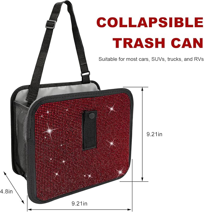 Bling Car Trash Can with Rhinestone, Sparkling Foldable Auto Garbage Container Hanging Back Seat Organizer, Crystal Dustbin Leakproof Garbage Can for Vehicle Home Office (Red)