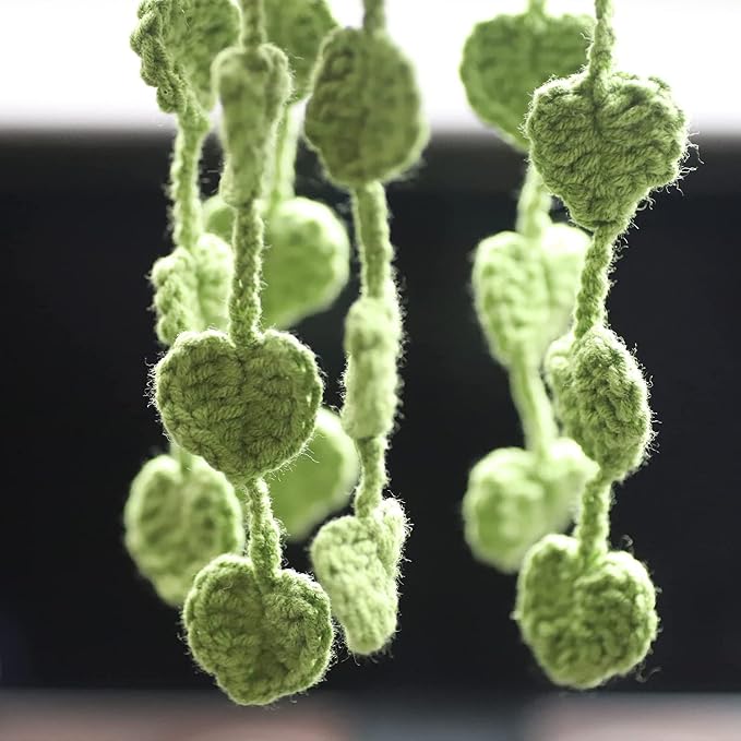 Cute Crochet Plant for Rear View Mirror, Boho Handmade Car Mirror Hanging Accessory for Women & Girls, Green Interior Aesthetic Decor Truck Hanger Ornament Charm