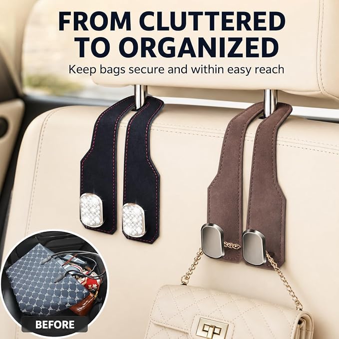 2Pcs Car Headrest Hooks with Premium Leather, Upgraded Double Metal Hooks with Anti-Drop Design, Universal Back Seat Hanger for Bags, Coats, Purses and Groceries (Stylish Brown)