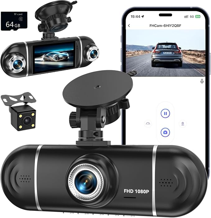 4 Channel 1080P Dash Cam Front Rear Left Right, 170° Wide Angle Car Camera with 5GHz WiFi App Control, Super Night Vision, 24H Parking Monitor, G-Sensor, Loop Recording, 64GB SD Card Included