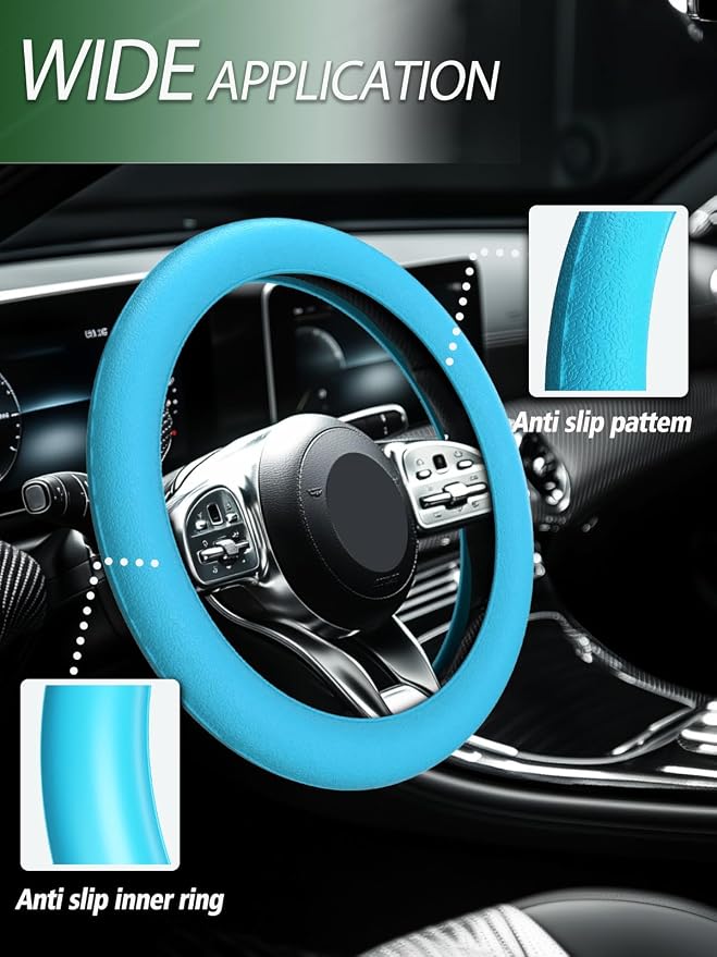Car Steering Wheel Cover, Non-Slip Silicone Material, Multiple Color Choices, Universal Auto Parts Steering Wheel Cover, Suitable for Most Cars (Light Blue)