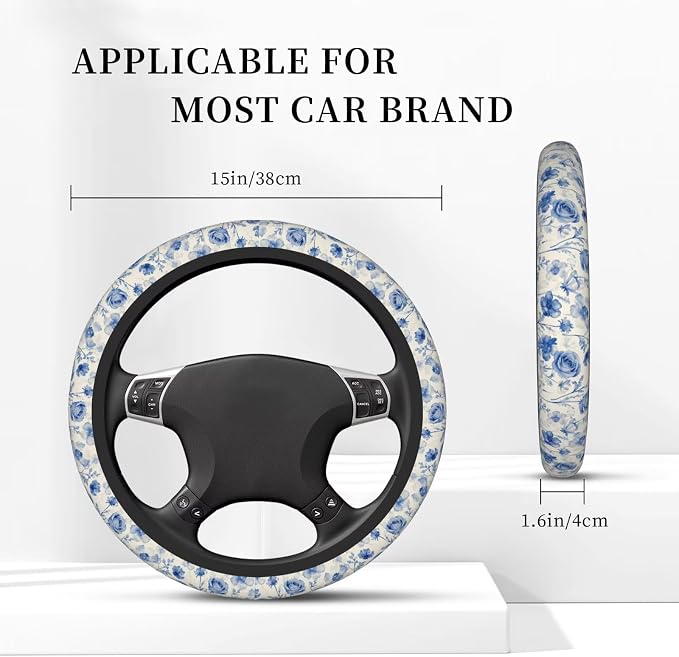 Blue Flower Steering Wheel Cover - Cute Vintage Blue Flower Steering Wheel Cover Flowers Cute Anti-Slip Universal Breathable 14-15-in 2 Car Cup Coasters for Men Women