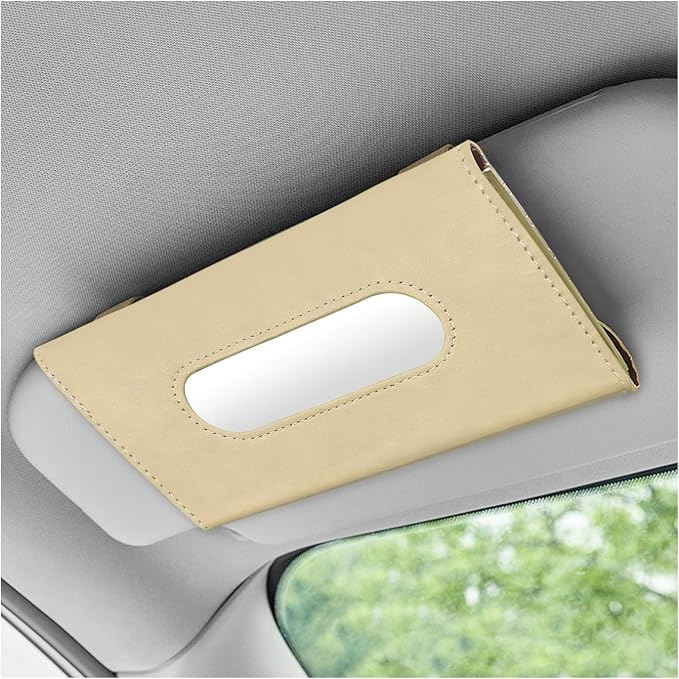 Car Tissue Holder, Auto Sun Visor Napkin Holder Hanging Paper Towel Dispenser with Tissue Refill, Premium Leather Napkin Case Mask Organizer for Backseat & Visor, Car Accessories (Beige)
