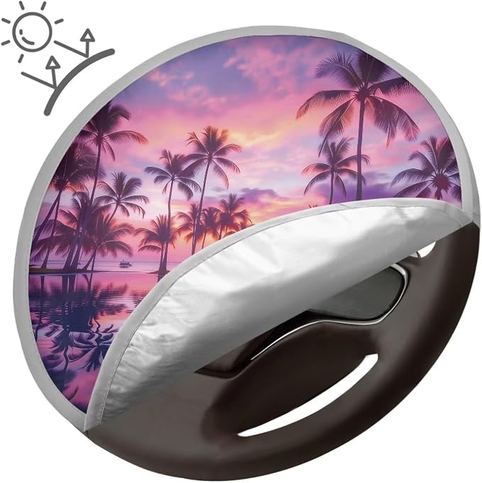 Sunset Palm Tree Steering Wheel Sunshade Car Interior Protector Sun Shade for UV Protection Removable Auto Accessories Easy Installation Universal Vehicle Accessories