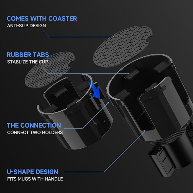 Car Cup Holder Expander, 2 in 1 Cup Holder Adapter Extender for Car with Expandable Insert, Fits Yeti, Hydroflask and Other Large Water Bottles & Mugs in 2.2"-4.6" (10-46oz)