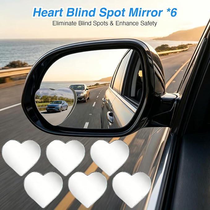 6Pcs Heart Blind Spot Mirror for Car, Convex Mirrors Universal Fit Stick for Blindspot