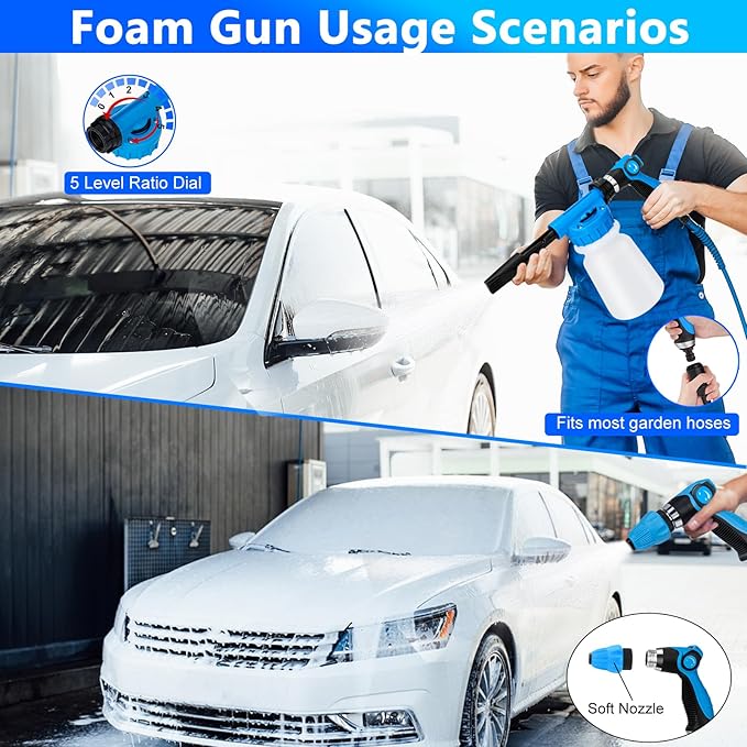 Car Wash Kit, Car Detailing Kit with Foam Gun, Car Wash Brush Mop and Large Folding Bucket Suitable for Car Cleaning, Blue Car Wash Set Gift for Men and Women
