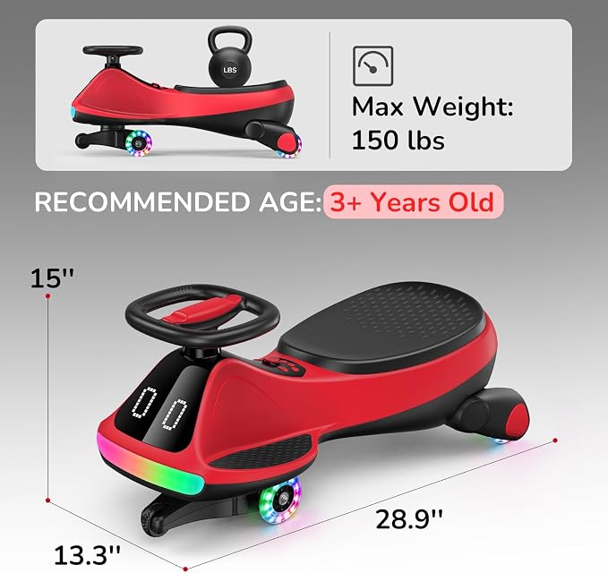 12V Electric Wiggle Car for Kids with Pedal, Display, Rechargeable Battery, LED Light, Bluetooth, Light-Up Wheels, Anti-Rollover, 2 Speeds, Ride on Toys, Birthday Gifts for Age 3+, 150Lbs