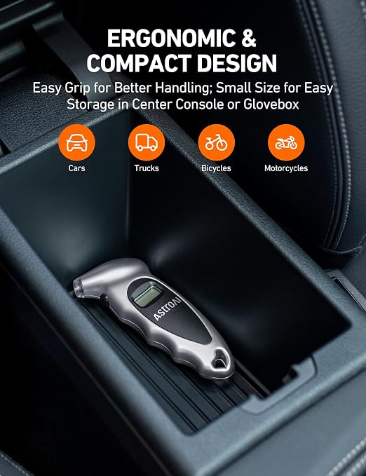 Digital Tire Pressure Gauge 0-150PSI Calibrated to ANSI B40.7 +/-1PSI, Accurate in 0.1 Increments, 4 Pressure Measurements for Car Truck Bicycle with Backlight LCD, Silver