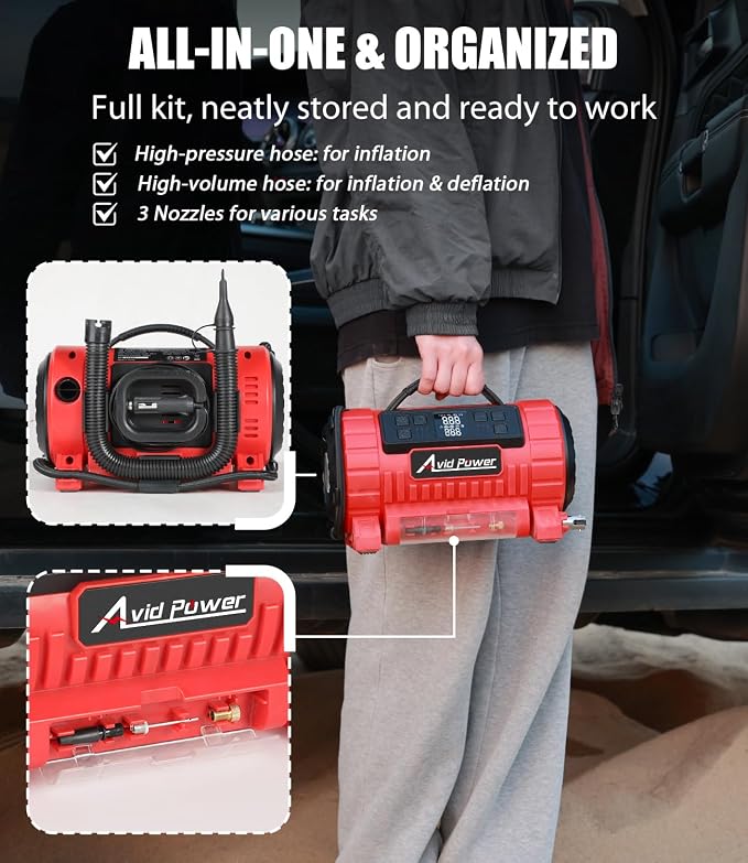 Tire Inflator Portable Air Compressor, 12V DC/110V AC Car Tire Pump with Inflation and Deflation, 5 Preset Modes, Digital LCD Pressure Gauge for Car Tires, Air Mattress and Small Inflatable