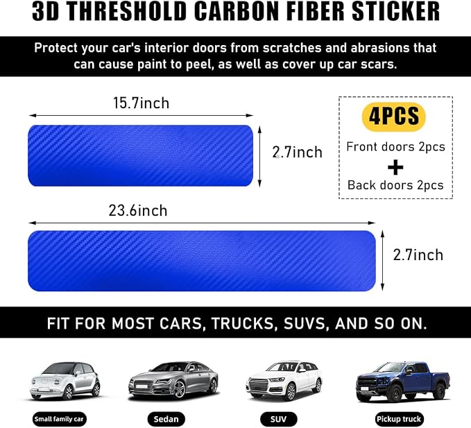 4 PCS Car Door Sill Protectors, Anti Scratch Carbon Fiber Auto Threshold Cover Strips, Decorative Door Entry Edge Scuff Sticker Universal for Most Vehicles, Car Accessories (Blue 3D)