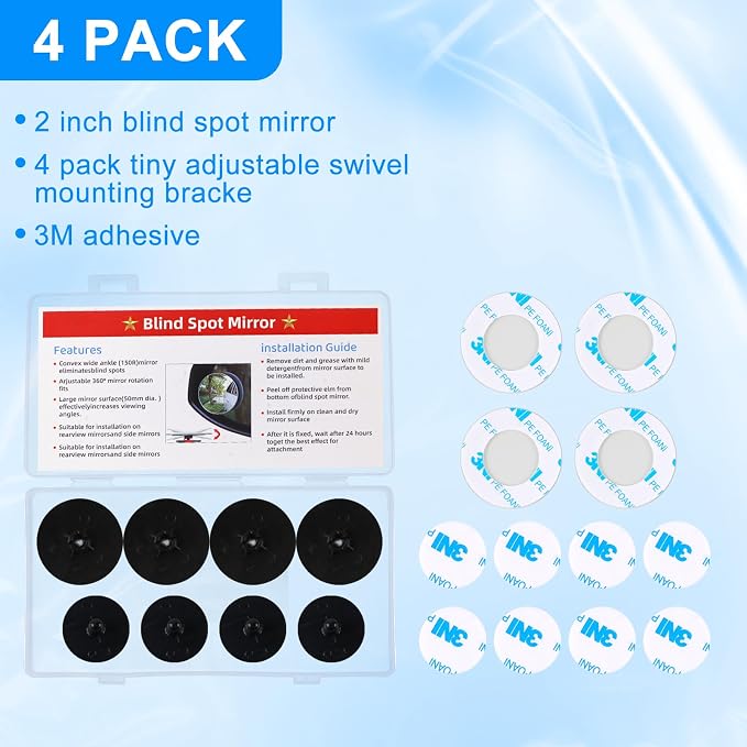 4PCS Blind Spot Mirror, Round HD Glass Side Blindspot, Frameless Convex Mirror Car with Self Adhesive Back for Cars, SUV, Trucks, Universal Vehicles