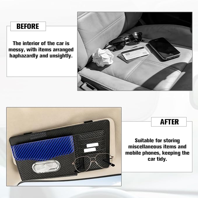 Car Sun Visor Organizer, Carbon Fiber Visor Glasses Tissue Card Holder Storage Pocket Pouch, Multifunctional Auto Sunshade Organizer Case Bag for Pens Documents Napkin, Universal Fit (Blue)