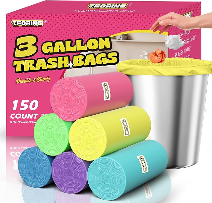 Small 3 Gallon Trash Bags Unscented, 0.78 Mil, Colored, 150 Count | 12 Liter Garbage Bag, Plastic Waste Basket Can Liners, Durable, Leakproof, Tear Resistant, for Bathroom Office Car Bulk