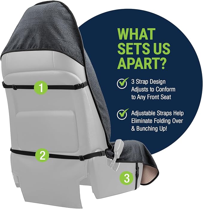 Towel Seat Cover, Waterproof Car Seat Protectors for Gym, Workout & Active Lifestyle, Universal Fit for Car SUV Truck Van, Non-Slip 3 Strap Design, Machine Washable, 2 Pack Grey