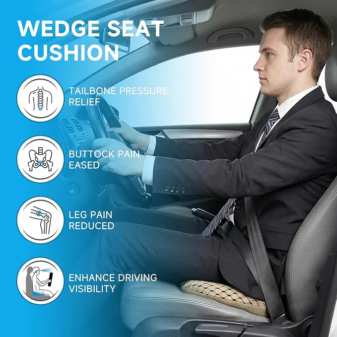 Car Seat Cushion - Memory Foam Seat Pad for Sciatica & Lower Back Pain Relief - Driving Cushion with Breathable Mesh Cover - Road Trip Essentials for Drivers (3D Beige)
