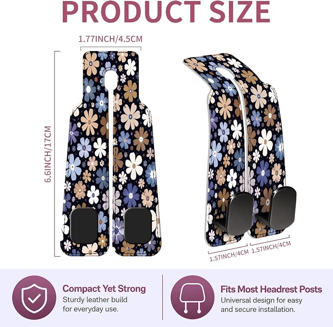Car Seat Back Storage Hook, Funny Car Purse Hook, Cute Vehicle Storage Organizer for Purses Handbags Cute Daisy Floral