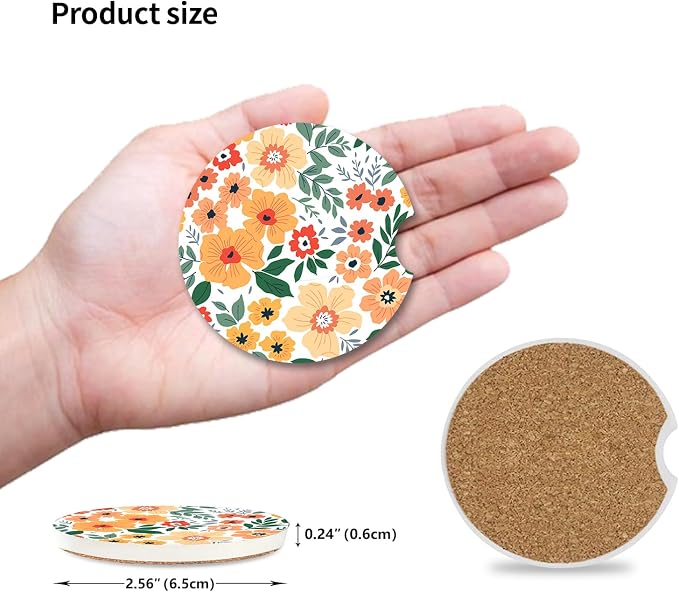 Flowers Absorbent Car Coasters for Cup Holders,2 Pack 2.56" Ceramic Coasters with Cork Back and Finger Slot, Auto Accessories for Women & Men.