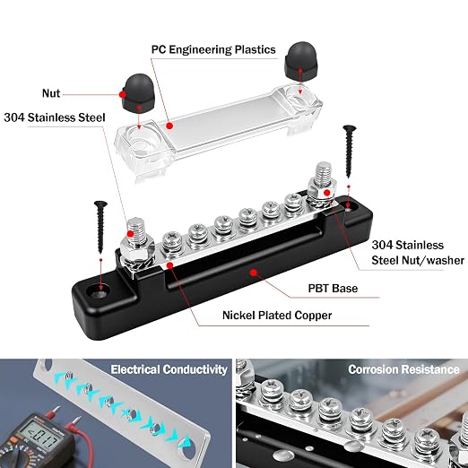 150A Power Distribution Block with Cover + Ring Terminals, Auto Bus Bar 12V Marine Waterproof for RV, Boat Ground Negative Buss Bar Kit -2 x M6 Post + 6 x M4 Screws