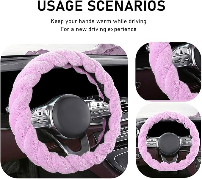 Fluffy Car Steering Wheel Cover, 15 Inches Anti-Slip Round Fuzzy Winter Steering Wheel Protector, Soft Warm Plush Steering Wheel Cover for Women Girls, Car Accessories (Purple, D-Shaped)