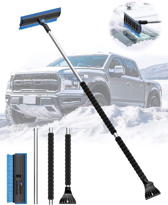 2025 Extra Long 55.7" Ice Scrapers for Car Windshield Multi-Functional Detachable Car Ice Scraper with Foam Grip and 270° Pivoting Brush Head Snow Brush for SUV Truck Auto (Blue)