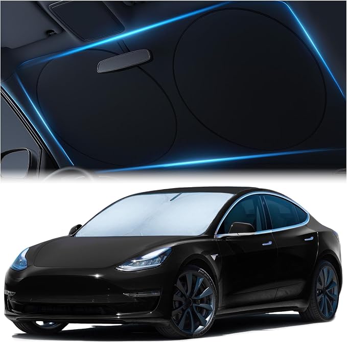 Tesla Windshield Sun Shade (Model 3/Y), Reflective Polyester Blocks Heat & Sun, Foldable Car Window Sun Blocker, Mirror Cut-Out, Fade-Resistant Sunshade, Tesla 3 Accessories