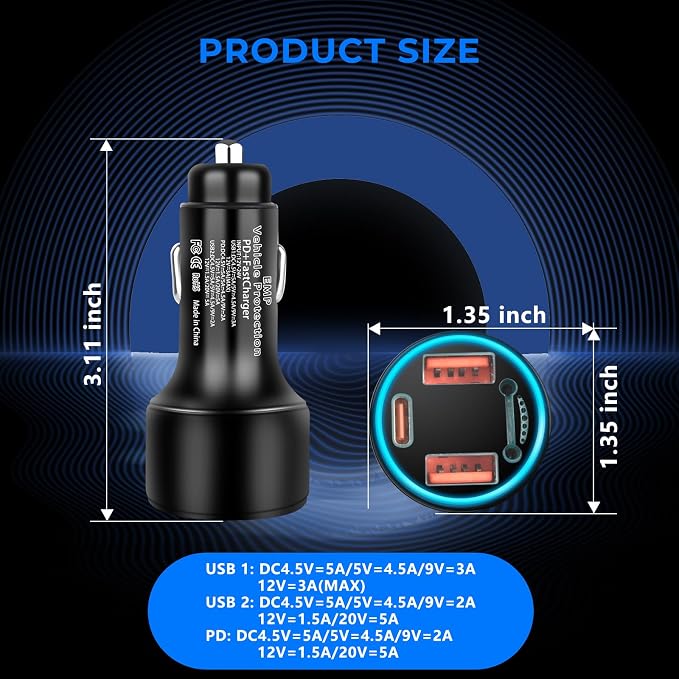 EMP Vehicle Protection, Protector Comes with 2 USB and 1 PDni Interfaces, Lightning, Solar Flare and Surge Protection, Suitable for 12-Volt DC in Cars and Trucks