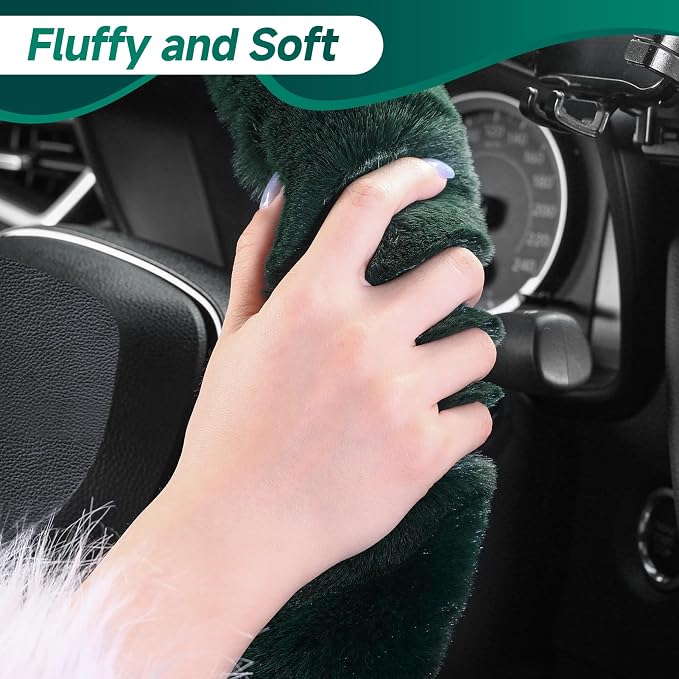 Furry Car Steering Wheel Cover with Gear Shift Cover, Soft and Warm, Cute Fluffy Auto Decor for Women Men, Standard Size, 2 PCS Set, Dark Green