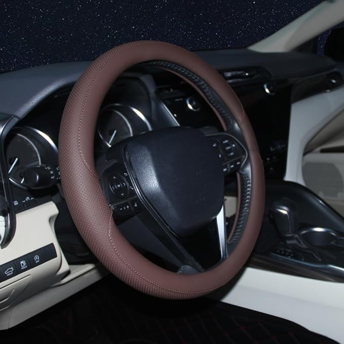 Steering Wheel Cover Universal Standard Size 14.5-15 inch, Breathable Microfiber Leather, Anti-Slip, Non-Folding Packaging, Fits Most Cars SUVs Trucks, Brown