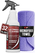 Car Interior Cleaner – Stain Remover & Odor Eliminator – No Residue Finish – Safe on Leather, Fabric, Carpet & Plastic – Detailing Spray with Microfiber Towel – 32oz