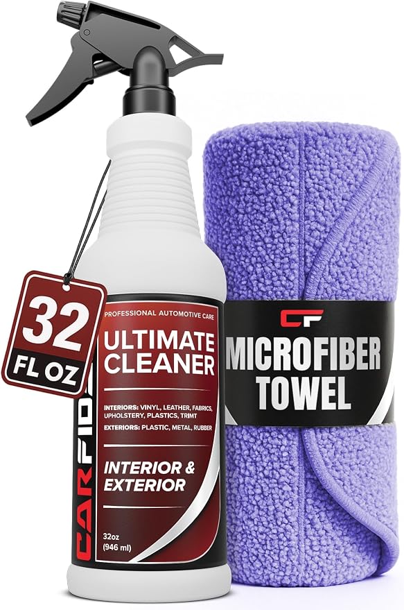Car Interior Cleaner – Stain Remover & Odor Eliminator – No Residue Finish – Safe on Leather, Fabric, Carpet & Plastic – Detailing Spray with Microfiber Towel – 32oz