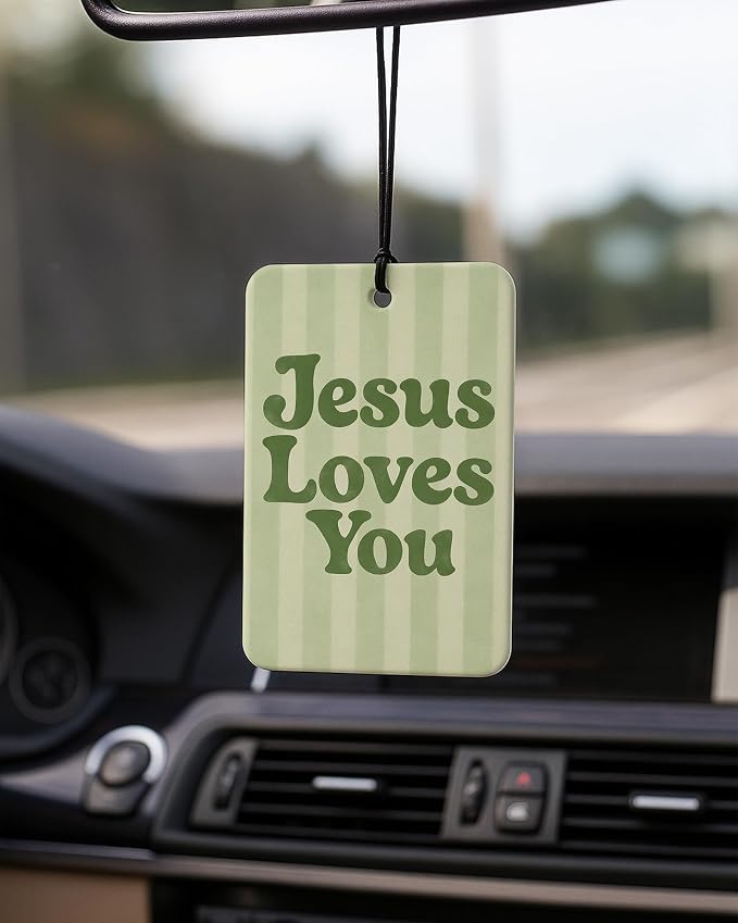 Green Boho Christian Car Air Freshener 4 Pcs Coconut Scented, Jesus Loves You Car Accessories Mirror Decor, Inspirational Religious Hanging Air Freshener for Cars Closet Drawer Book Kids Room