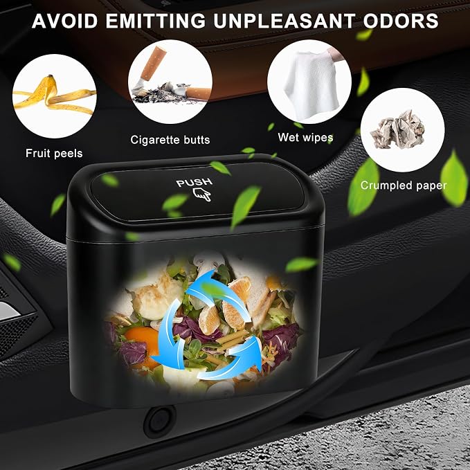 Car Trash Can with Lid, Leakproof Mini Auto Garbage Bin with Trash Bags, Multipurpose Dustbin Container Storage Organizer for Vehicle Home Office, Car Accessories (Black)