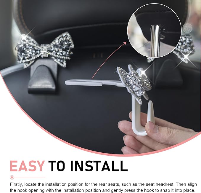 2PCS Bling Bow Car Seat Headrest Hooks, S Type Cute Bow Car Seat Back Hanger Storage for Purses Bags Grocery, Crystal Rhinestone Vehicle Rear Seats Organizer, Universal for Most Cars (Pink)