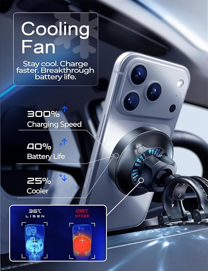 for Qi2.2 25W MagSafe Car Mount Charger，[Smart Cooling Fan＆95W Fast Adapter] Magnetic Wireless Car Charger, Phone Holders for Your Car Accessories for iPhone 17 Pro Max Air 16 15 14 13 12 | [Smart Cooling Fan] Magsafe Car Mount Charger, [Qi2 25W...