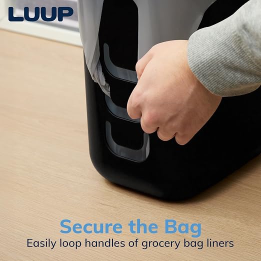 Luup Trash Can (Black) - Reuse Grocery Bags - Plastic Garbage Container for Bathroom, Vanity, Laundry Room, Kitchen, Office, Garage - 2.5 Gallon Wastebasket with Hooks to Secure Trash Bags