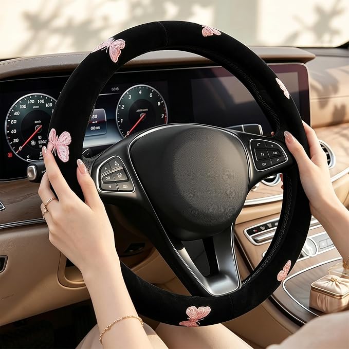 Pink Embroidery Butterfly Steering Wheel Cover, Nappa Leather Material, Universal 14.5-15 Inch Leather Anti-Slip Breathable Auto Steering Wheel Covers for Men Women