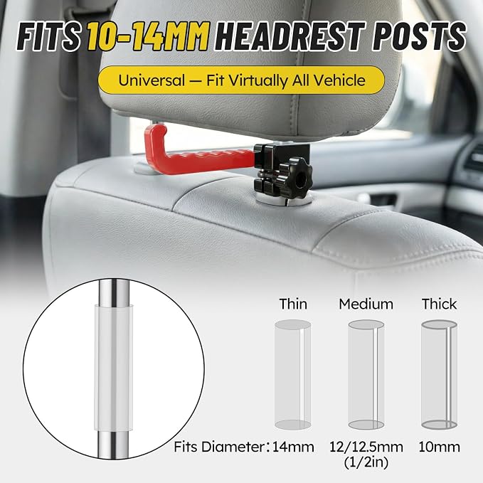 Heavy Duty Steel Bow Hanger for Truck, Red Wave Anti-Slip Hook & Upgraded Twist-Lock Clamp, Universal Compound Bow Holder with 3 Shims for 10-14mm Headrest, Archery Hunting Gear Safe Storage